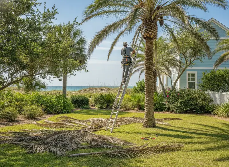 Worker trimming dead fronds from a palmetto palm