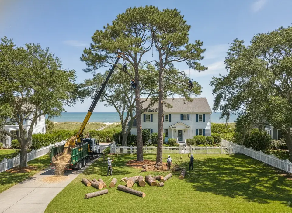 Crew taking down a large pine in sections in a backyard