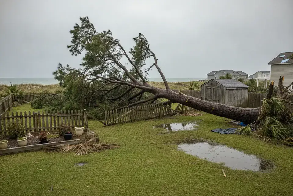 Storm-felled pine lying across a backyard fence