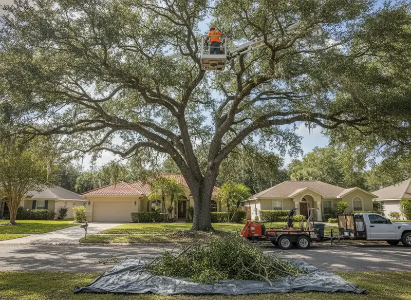 Worker in a bucket lift pruning a live oak over a street